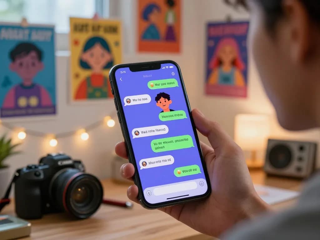 Engaging interaction showcasing crush on AI with a virtual character on a smartphone in a vibrant workspace.
