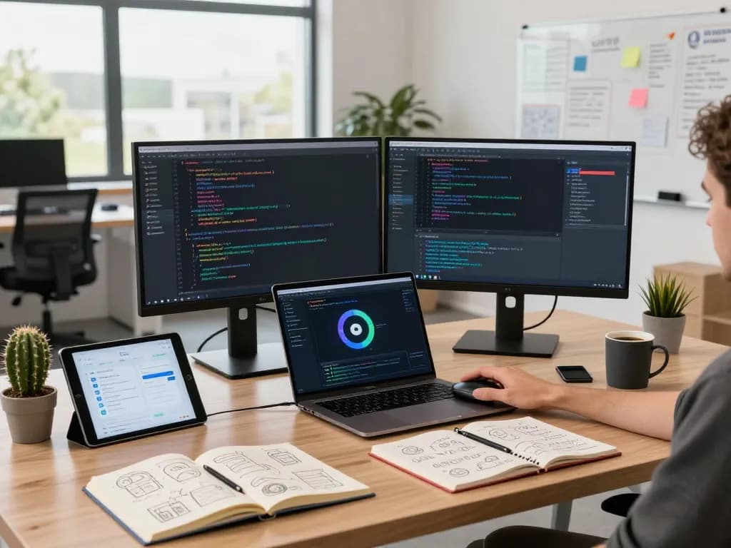 MoltBot in action on dual monitors, showcasing personal AI assistant setup amidst a modern workspace.