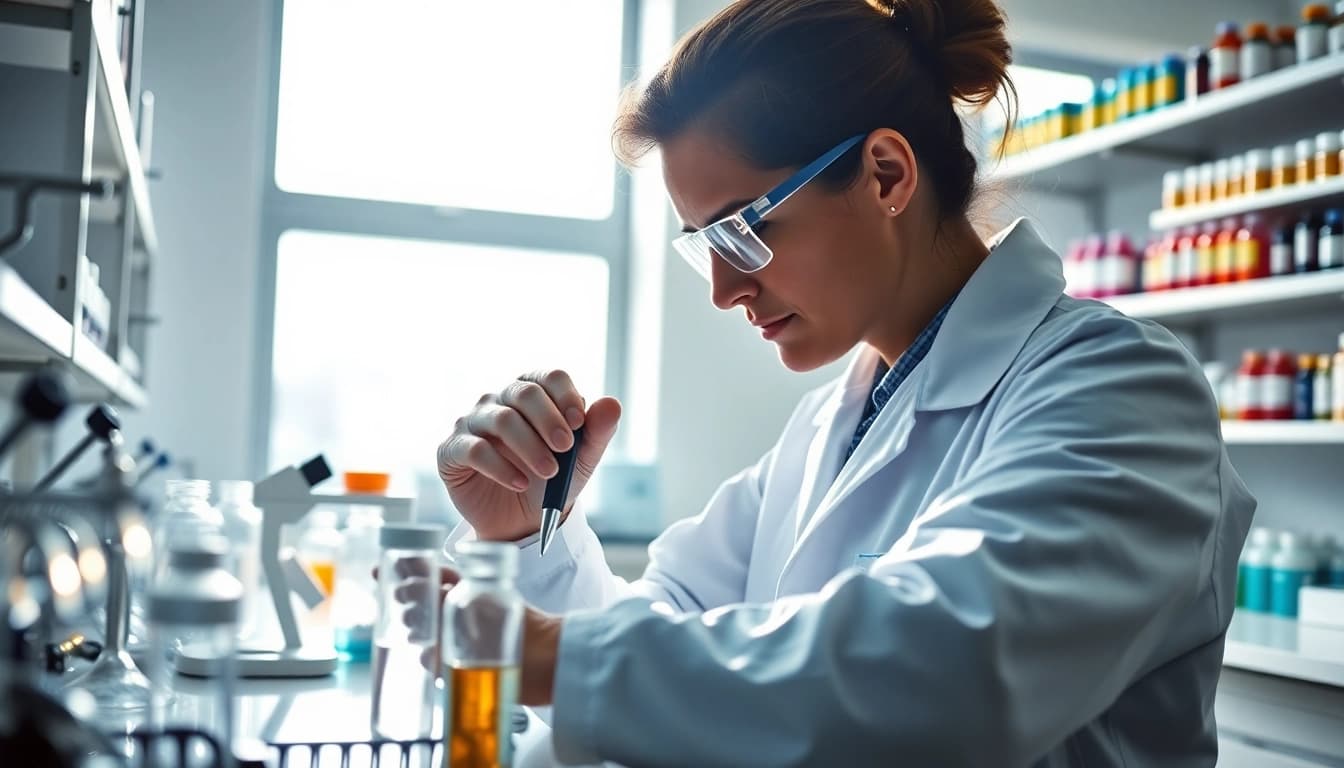 Explore Peptides UK through a professional researcher in a lab, meticulously working with high-tech equipment.