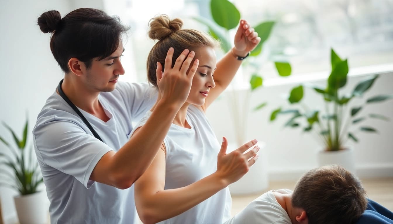 Physiotherapist demonstrating how to get rid of back pain with patient stretching.