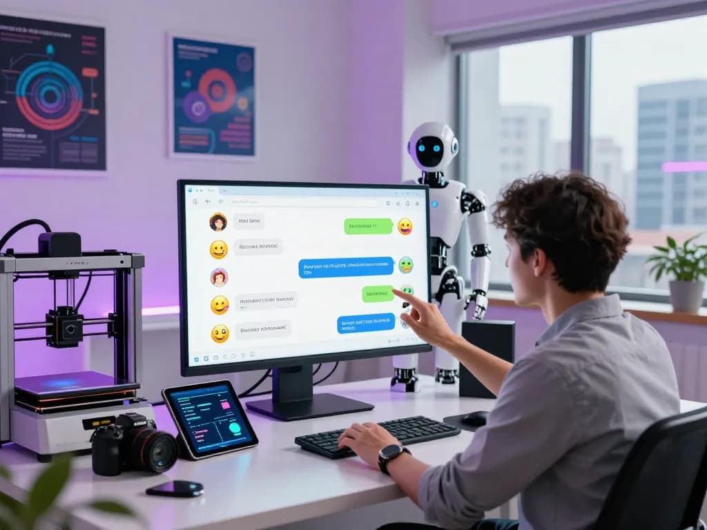 Engaging digital workspace with a user interacting with a spicy AI chatbot interface and innovative tech gadgets.