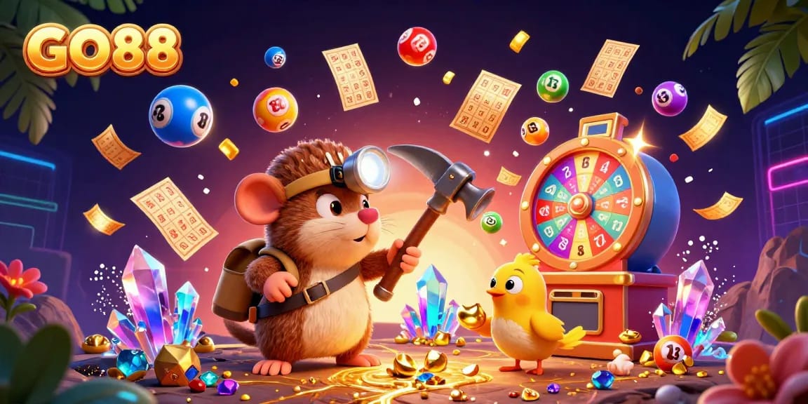 Engage with exhilarating GO88 gaming moments as a treasure hunter uncovers gems amidst vibrant lottery elements.