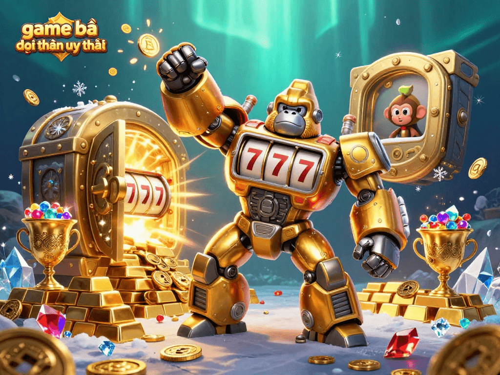 Experience game bài đổi thưởng uy tín with a stunning 3D illustration featuring a golden gorilla mech surrounded by treasures.