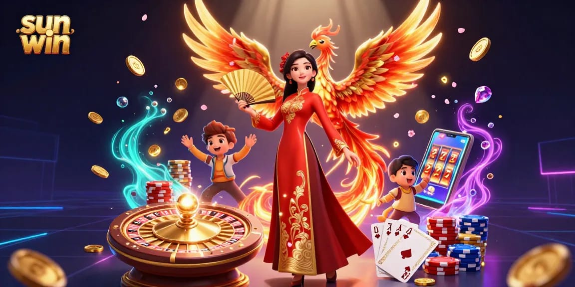 Engage in thrilling gameplay with sun win, stunning visuals of a Vietnamese phoenix and festive coins.