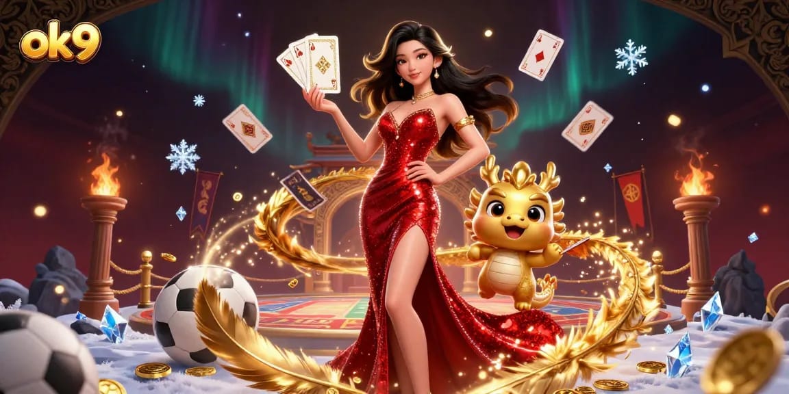 Join the excitement of ok9 as an Asian beauty welcomes you to sports betting with gold coins and cards.