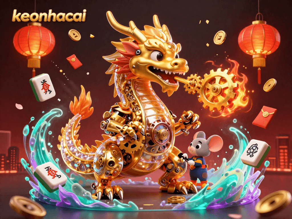 Engage with keonhacai's thrilling gaming adventure featuring a golden dragon and festive elements.