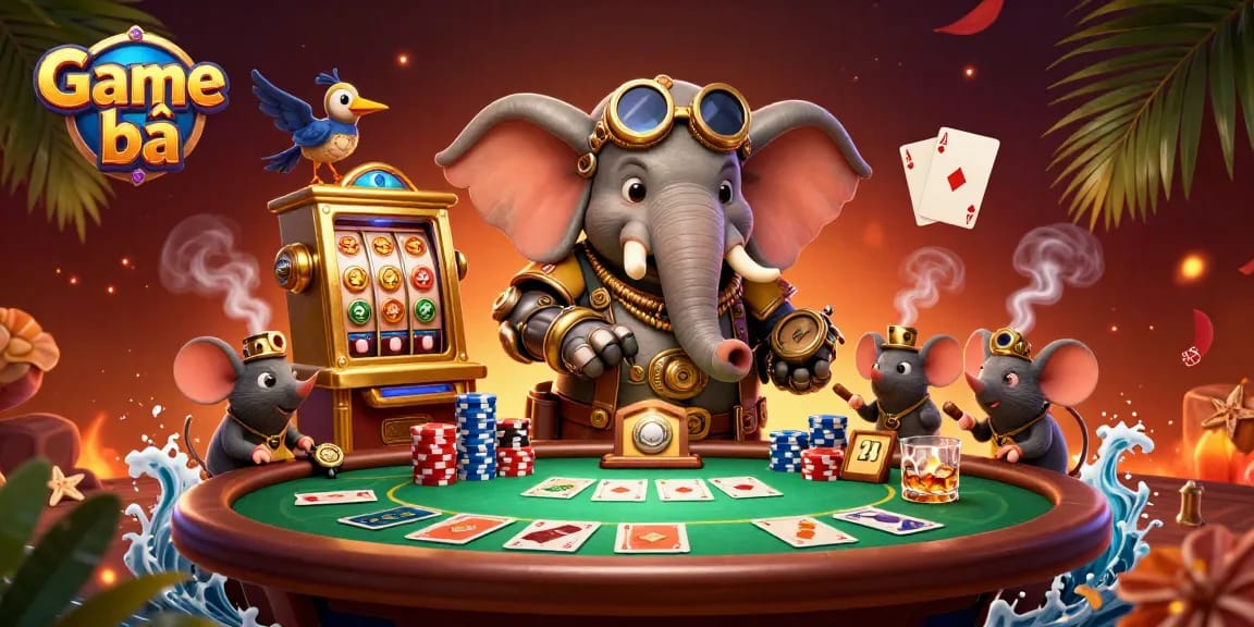 Game bài engaging scene with a steampunk elephant operating a slot machine amidst poker fever