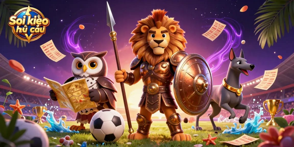 Soi kèo nhà cái illustration featuring a Spartan lion, owl strategist, and greyhound messenger in an engaging sports betting scene.