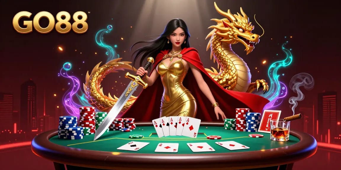 Engage with GO88 for a stunning Asian-themed casino experience featuring a warrior queen and dragon.