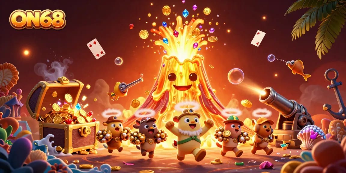 Experience the excitement of ON68 with a golden volcano erupting coins and treasures, showcasing thrilling gambling adventures.