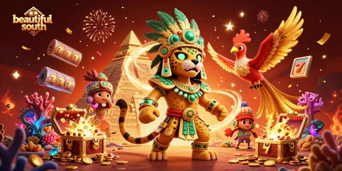 Win big with beautifulsouth at this vibrant casino celebration featuring colorful slot elements.