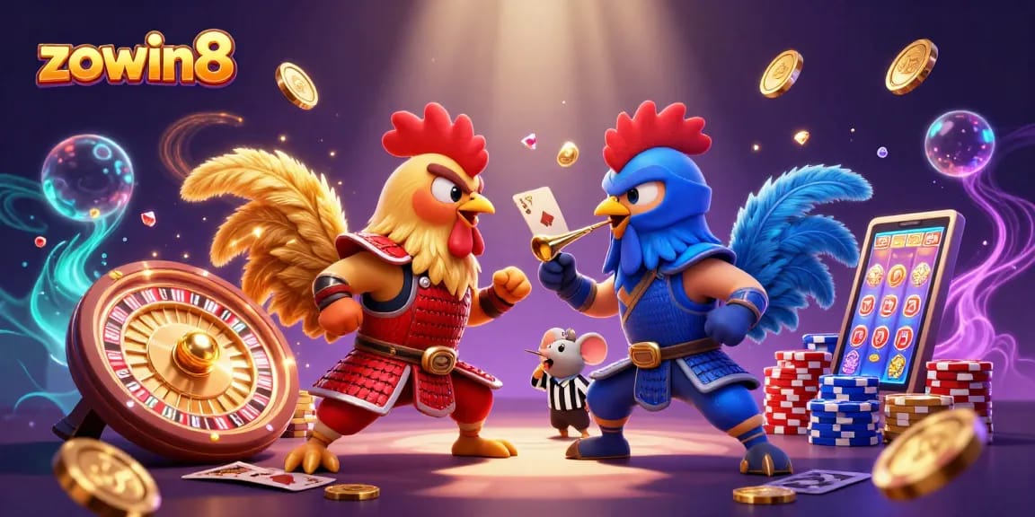 Witness the dramatic showdown of twin fighting roosters in zowin8's vibrant casino world.