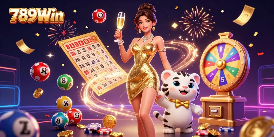 Engage with exciting games at 789Win featuring a glamorous woman and a lucky tiger amidst vibrant gambling elements.