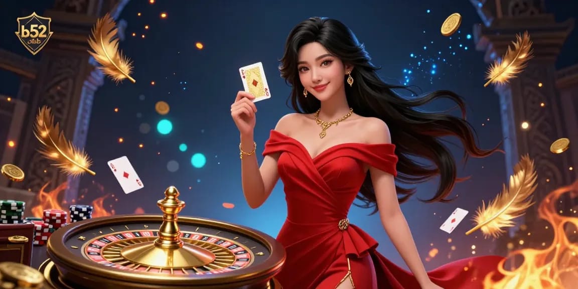 Experience winning at b52 club with a beautiful woman by a roulette wheel, golden cards, and vibrant casino elements.