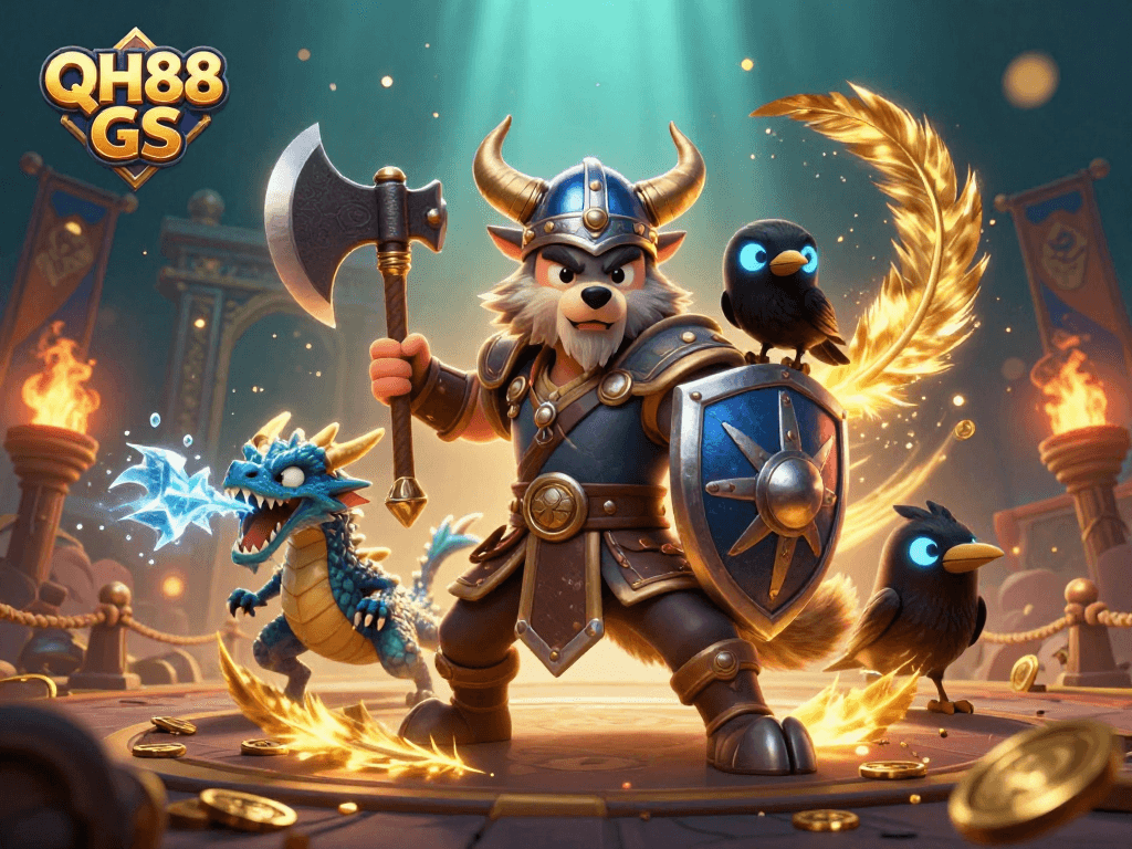 Experience the thrill of QH88 GS with a Viking warrior, dragon, and raven in an energetic 3D scene.