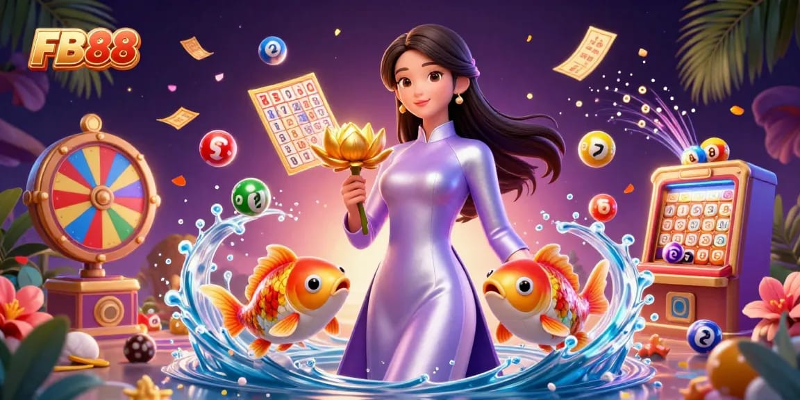 Join the excitement at FB88, where colorful lottery balls and enchanting elements create a thrilling gaming experience.