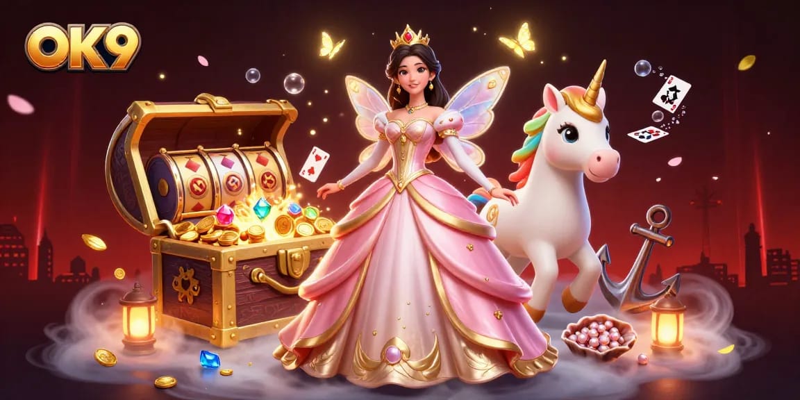 Experience the enchanting realm of OK9 with a glamorous princess and a golden unicorn amidst a vibrant casino scene.