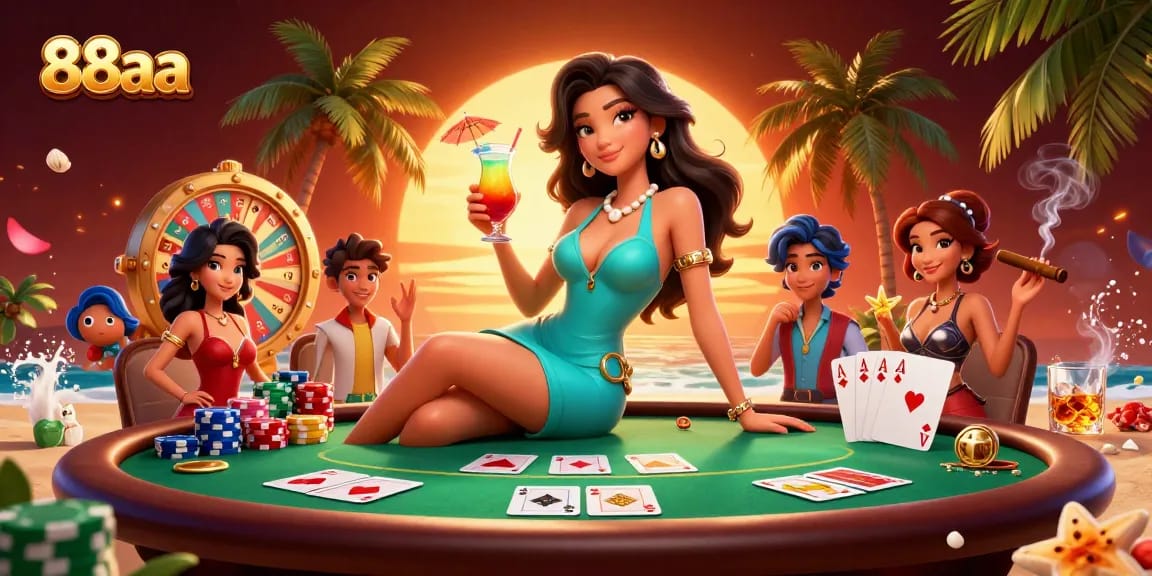 Experience the thrill of 88aa with exciting gaming elements in a vibrant beach casino scene.