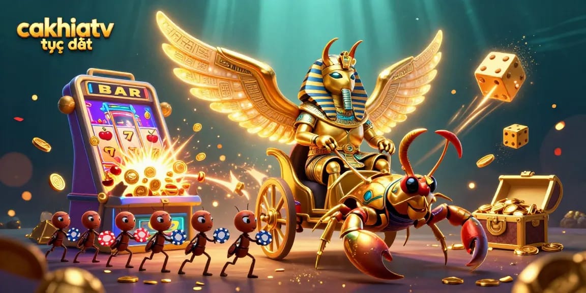 Experience live sports with cakhiatv trực tiếp, featuring vibrant colorful characters and thrilling casino elements.