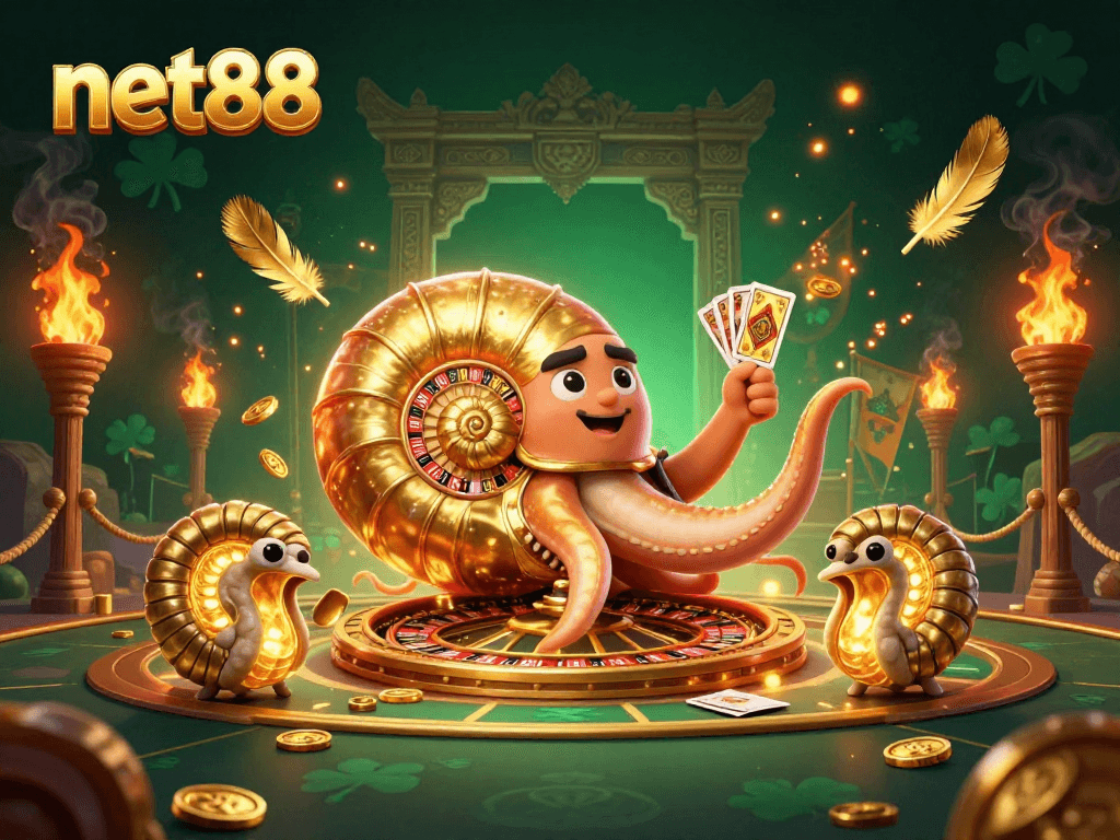 Experience thrilling moments at net88 with a colorful 3D casino illustration featuring vibrant game elements.