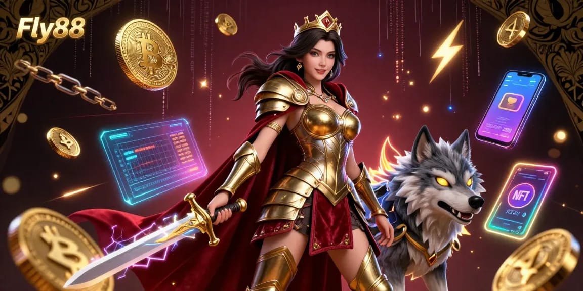 Engage in thrilling adventures with Fly88, where a warrior queen and her armored wolf embark on a journey through a vibrant gambling world.
