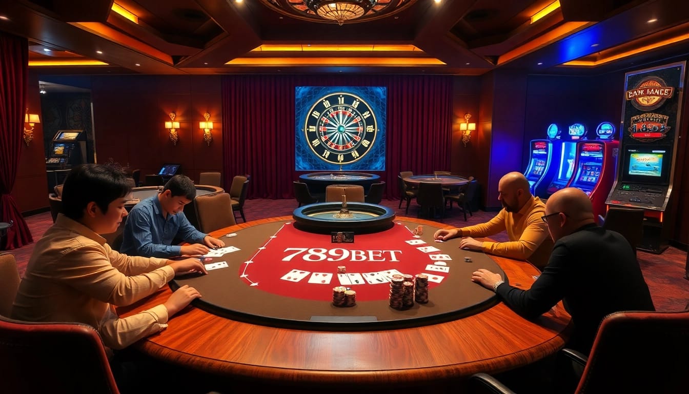 Engaged players strategizing at a 789BET poker table surrounded by excitement and luxury.