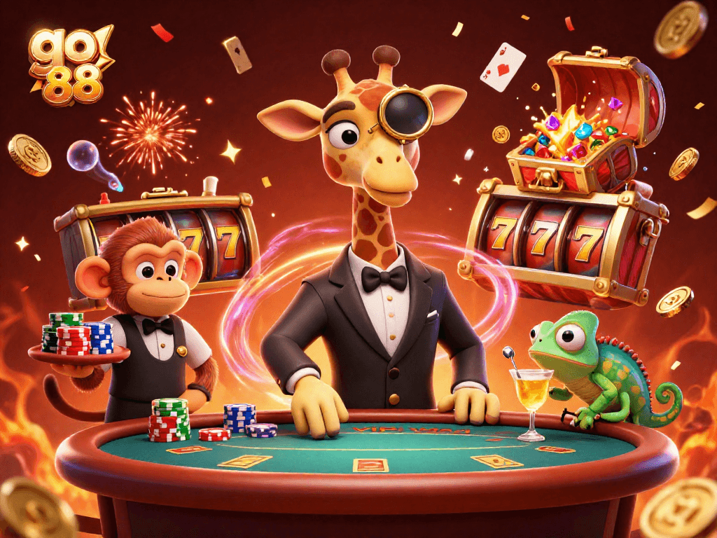 Engage with go 88 and experience vibrant casino excitement with giraffe, monkey, and chameleon characters.