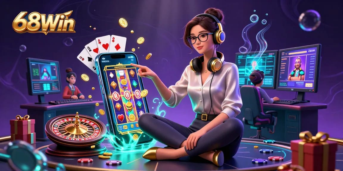 Play exciting casino games with 68Win in a vibrant, high-tech environment filled with action.