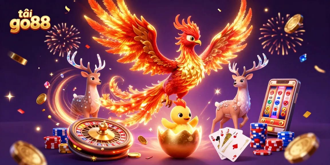 Experience excitement with tải go88 as golden coins and phoenixes soar in a vibrant casino scene.