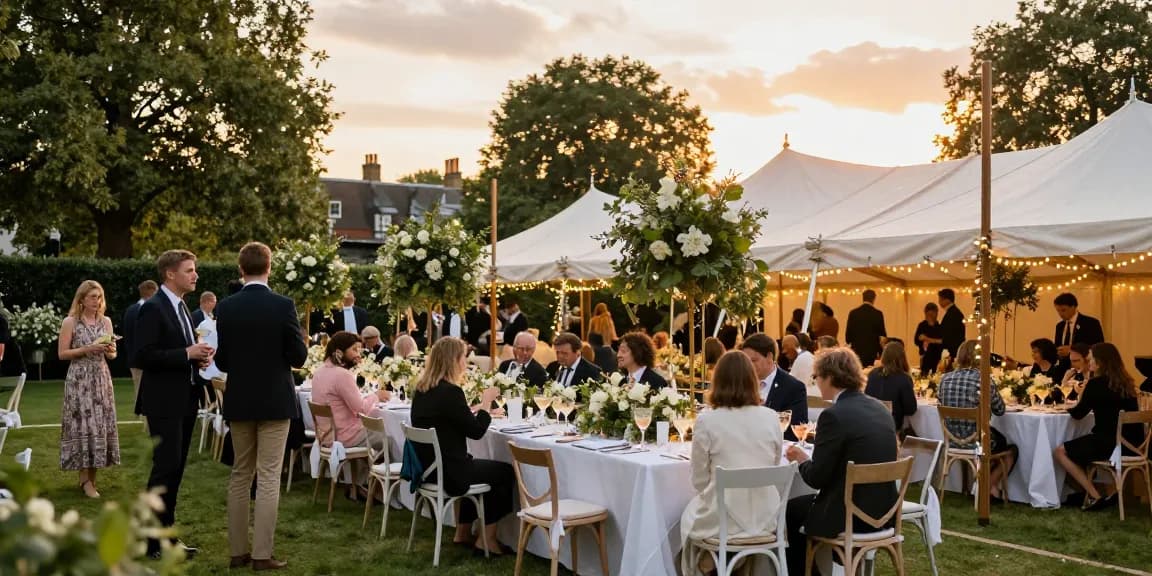 Marquee hire London featuring a beautifully decorated wedding reception marquee with twinkling lights and elegant decor.