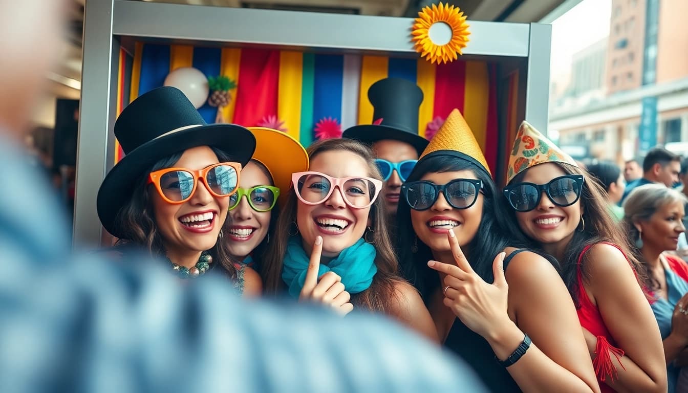 Fun group using a photo booth rental chicago with colorful props at a lively event.