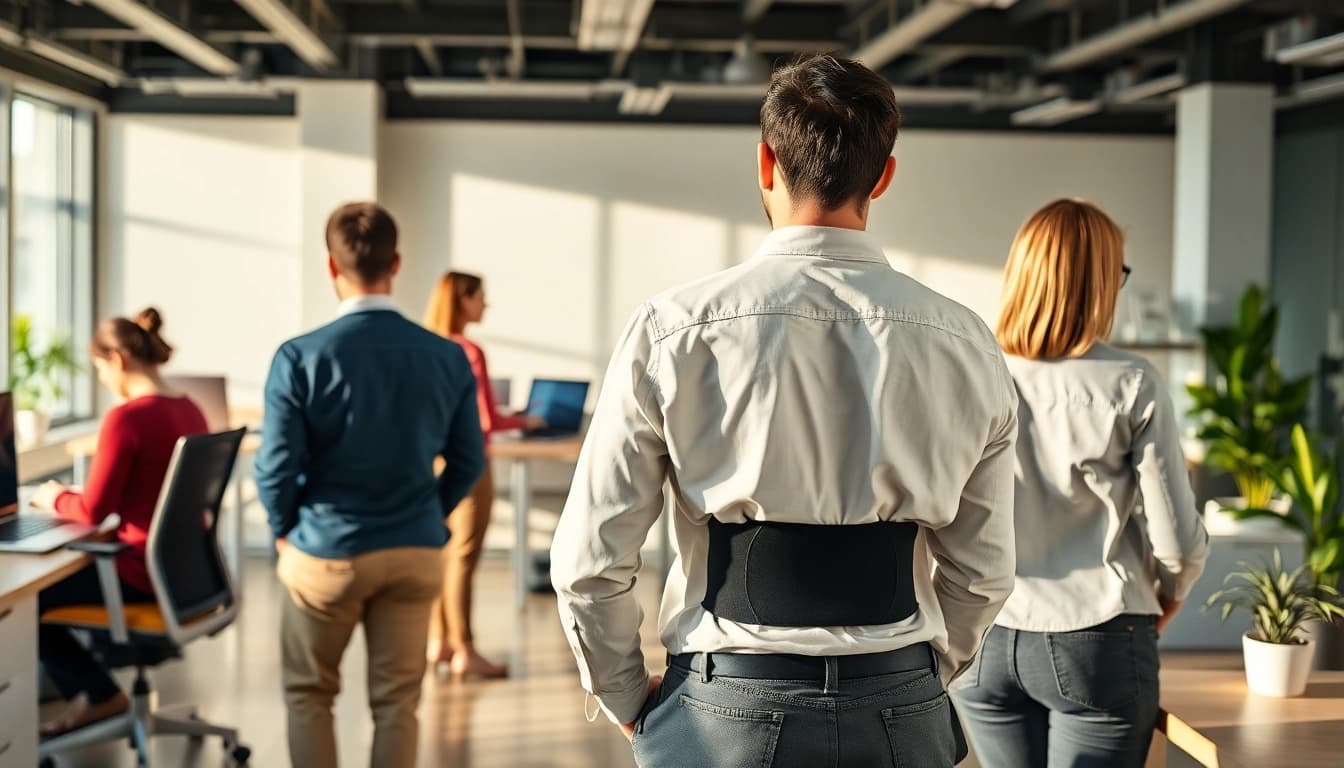Fivali back brace reviews highlight comfort and discreet use by professionals in an office.