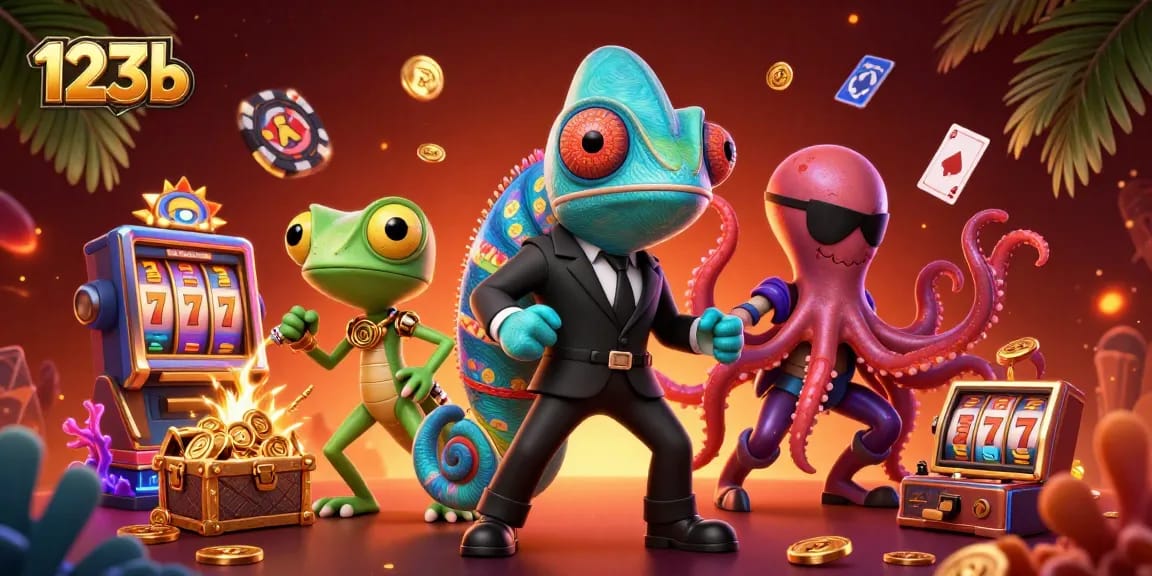Experience the thrill of 123b with vibrant casino characters amidst floating slot machines and treasure!