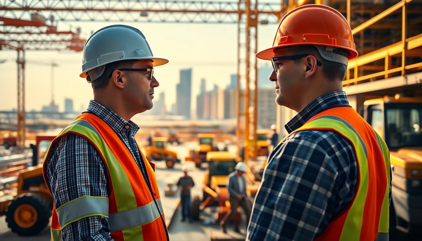 New Jersey Construction Manager supervising active construction site with workers and equipment.