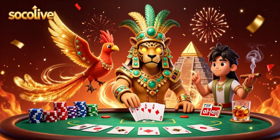 Socolive delivers dynamic poker action with a 3D Mayan priest, gaming elements, and vibrant visuals.