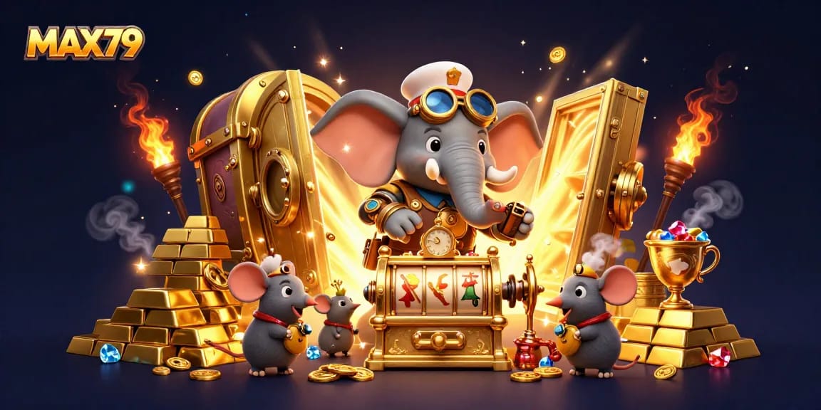 MAX79 showcases an exhilarating 3D illustration featuring a steampunk elephant operating a golden slot machine, surrounded by treasures.