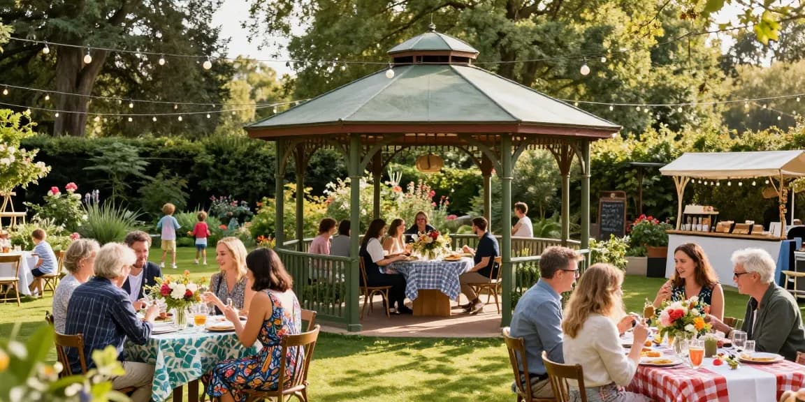 Stylish gazebo hire London setting at a vibrant garden party with guests enjoying the festivities.