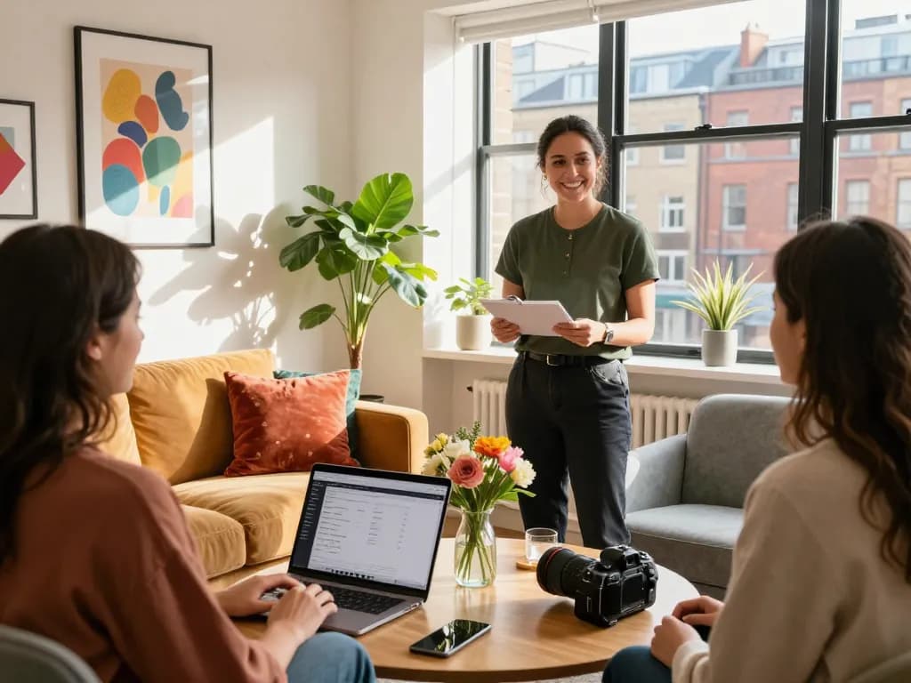 airbnb management bristol showcasing a friendly property manager in a stylish apartment, inviting atmosphere for guests.