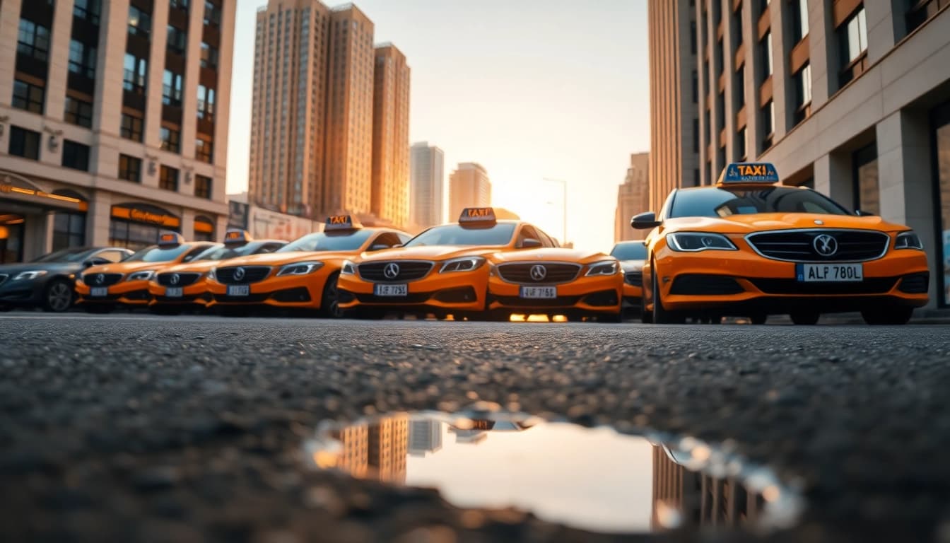 Spotlight on cabs showcasing vibrant colors in a bustling city setting during sunset.