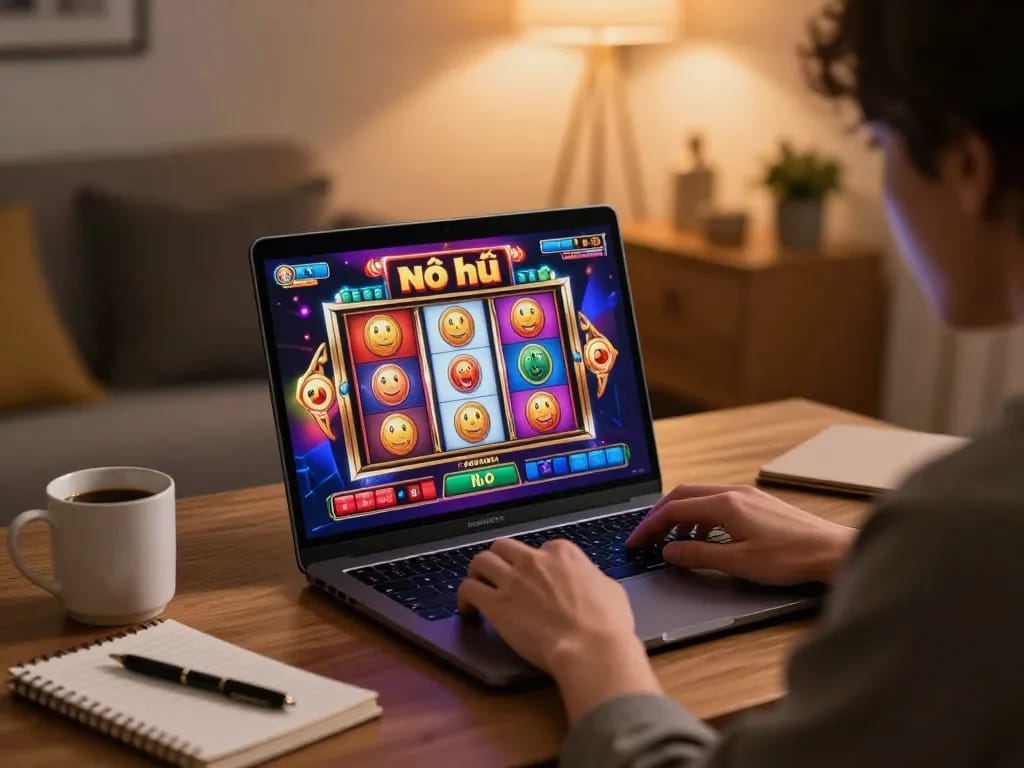 Nổ hũ online gaming scene with laptop displaying engaging slot machine interface, cozy home setup