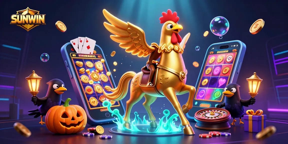 SUNWIN offers exciting gaming experiences with a golden rooster and friends in a lively casino scene.