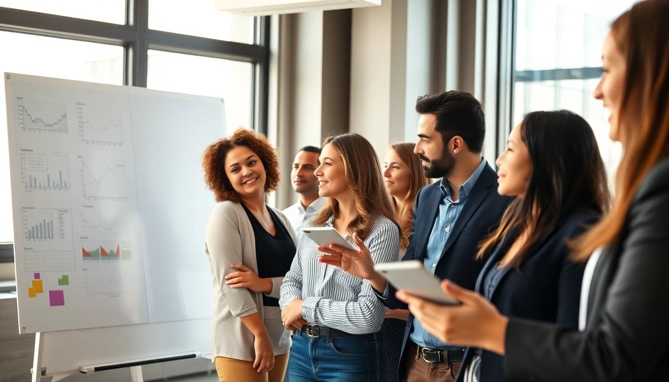 Conducting a workplace needs assessment with diverse professionals in a lively office setting.