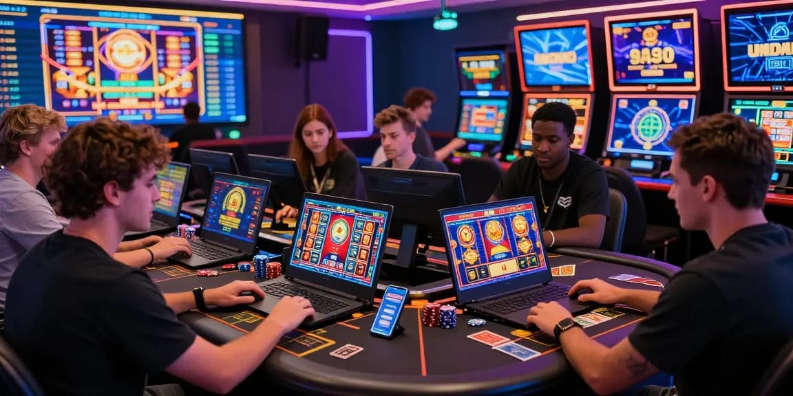Online casino gaming experience at https://dsam.org.uk featuring diverse players, colorful games, and engaging atmosphere.