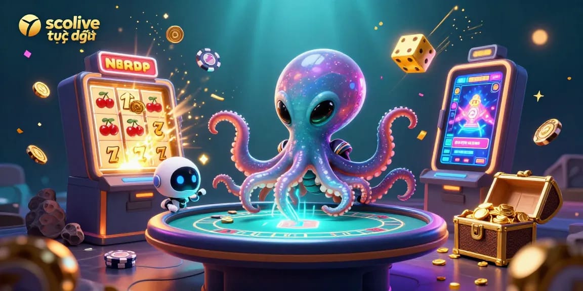 Socolive trực tiếp showcases an alien octopus at a holographic poker table, surrounded by slot games and casino elements.