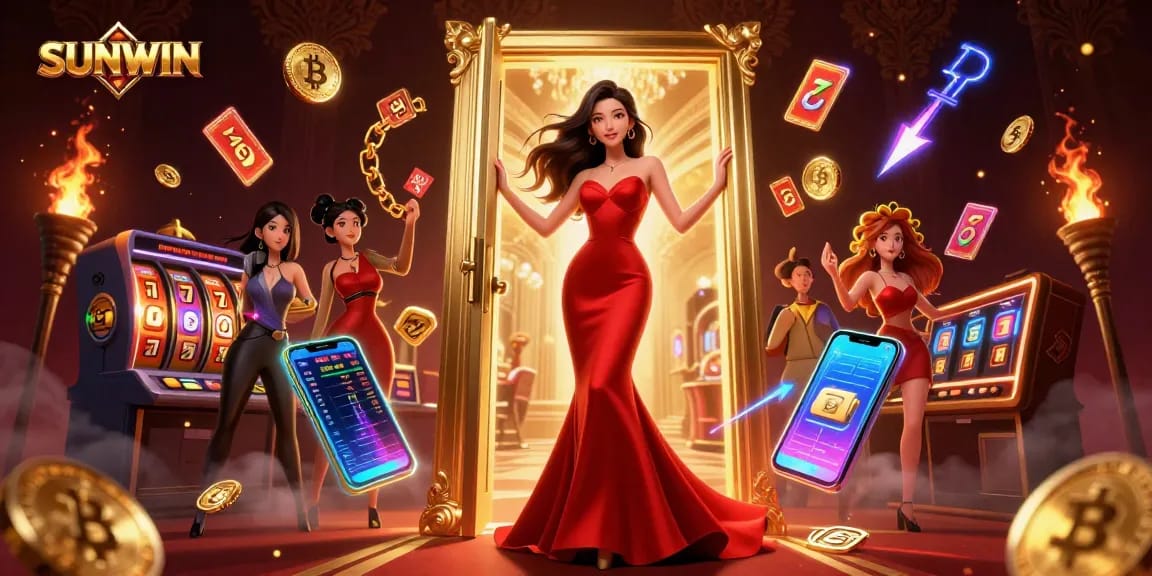 SUNWIN casino scene with a beautiful Asian woman in a luxurious gown, surrounded by dynamic slot reels and cryptocurrency elements.