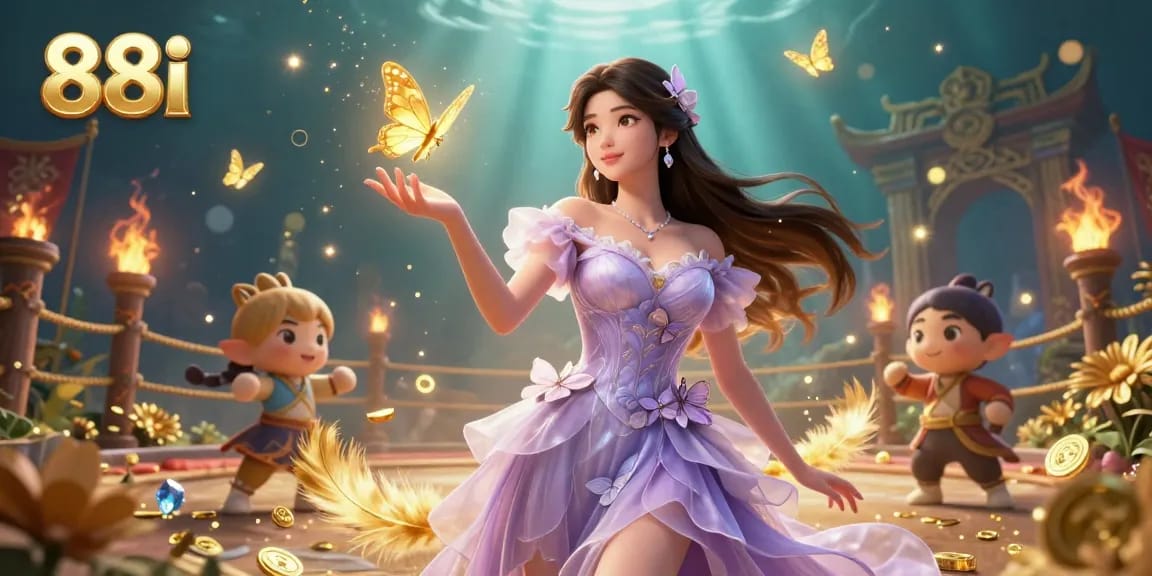 Win big with 88i's vibrant casino scene, featuring a stunning Asian woman in a magical garden of gold.