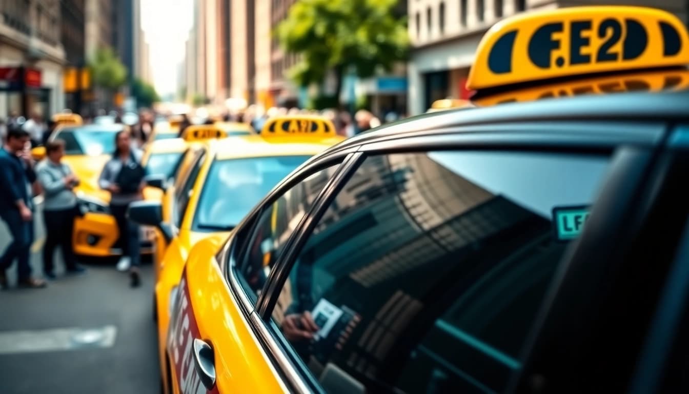 Cabs parked in an urban setting, showcasing their sleek designs and vibrant atmosphere.