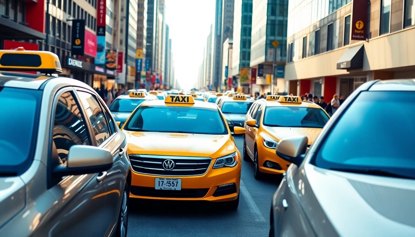 Cabs lined up outside a busy urban area, inviting passengers for a ride.