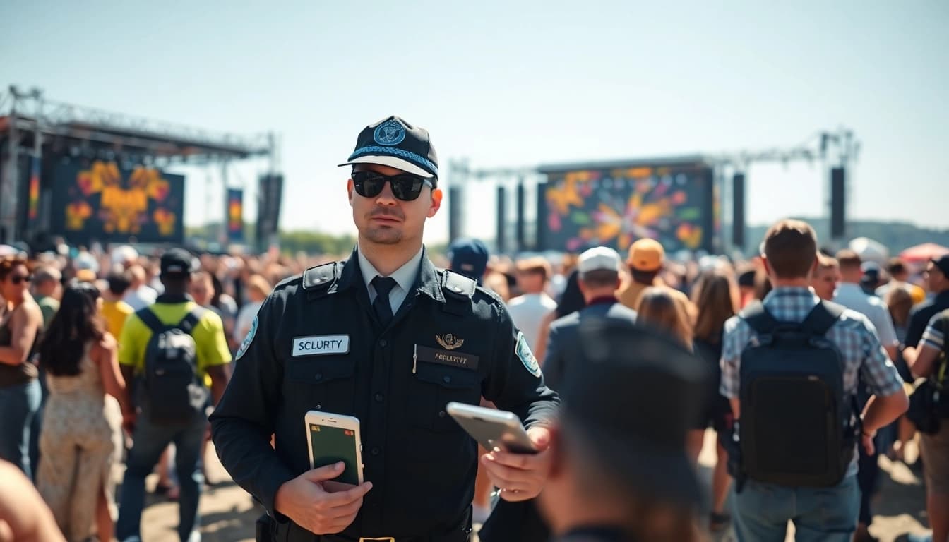 Event Security personnel ensuring safety at a vibrant outdoor festival with a large crowd.