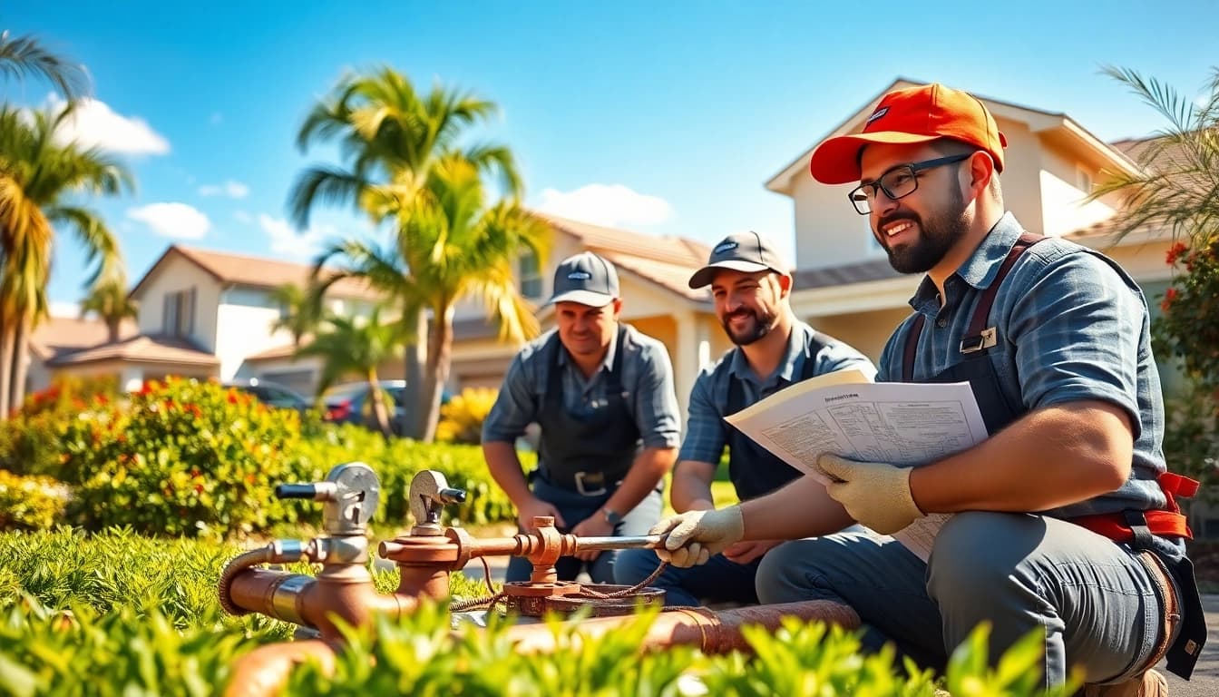 Team delivering whole house repiping services Tampa with pipes and tools in a sunny Tampa Bay neighborhood.